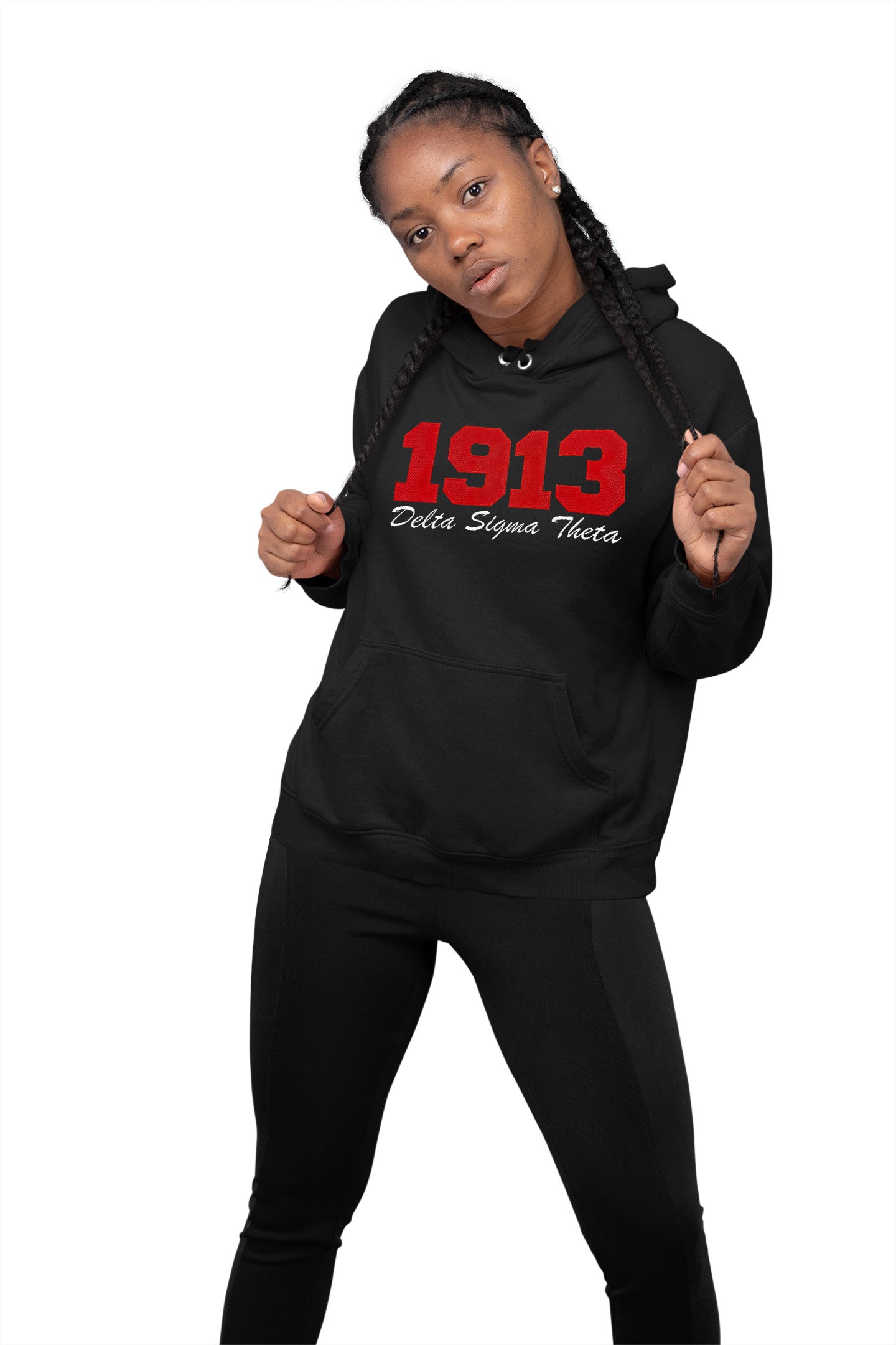 Delta Sigma Theta Red on Black 1913 Hoodie (White Text)
